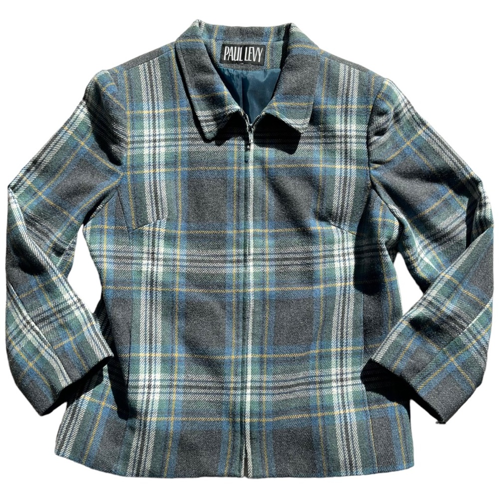 Vintage Paul Levy Plaid Zip Up Jacket Gray Blue Green Yellow